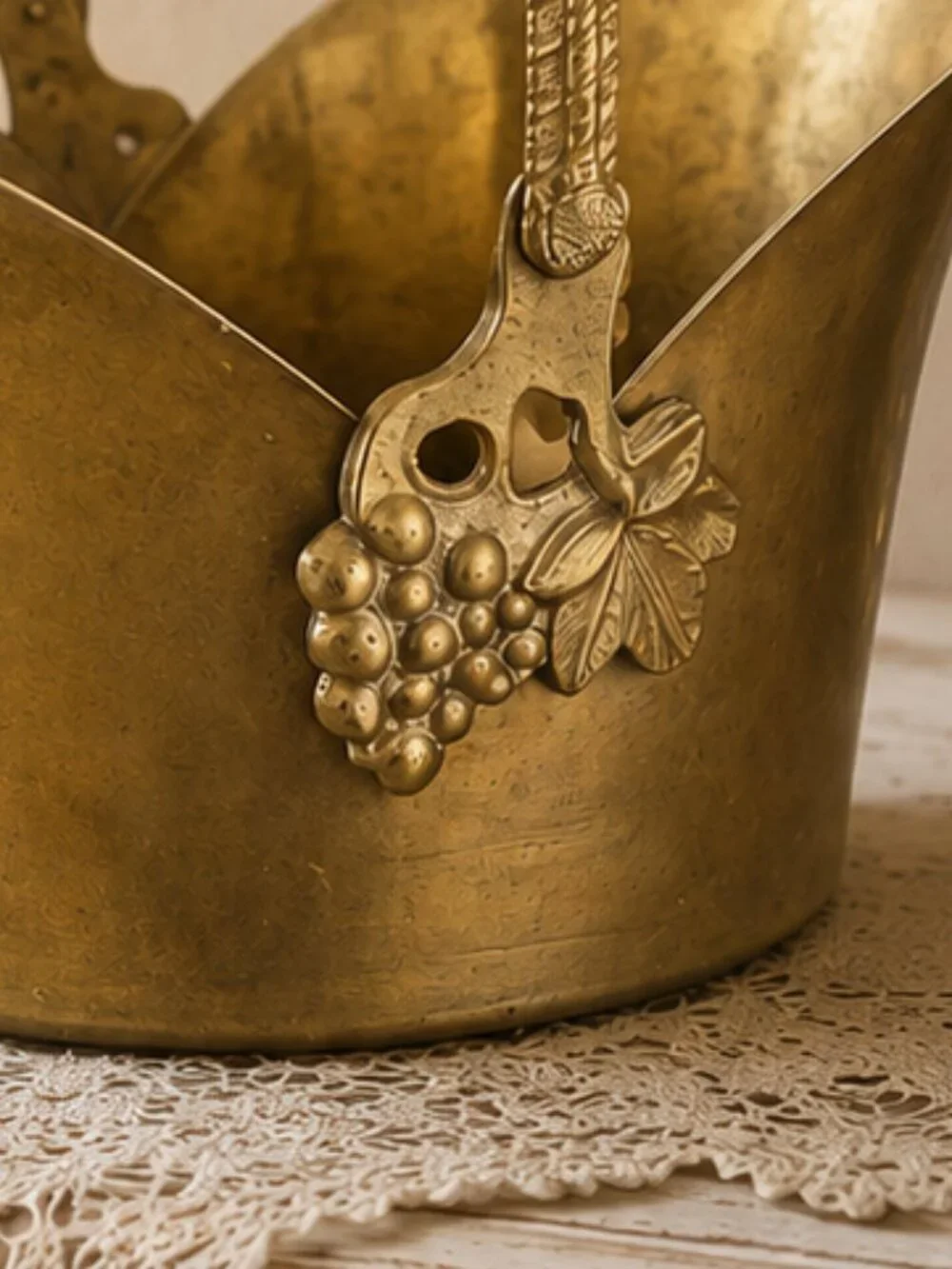 Vintage Solid Brass Basket Planter With Braided Handle and Grape Details
